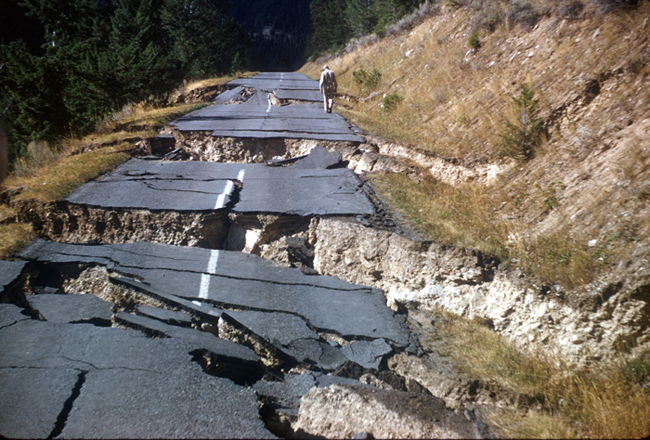 Lateral spreads at Hebgen Lake near West Yellowstone. Shaking from the August 18, 1959 magnitude 7.3 Hebgen Lake earthquake caused liquefaction of sediments beneath the road. Photo: R.B. Colton, USGS.